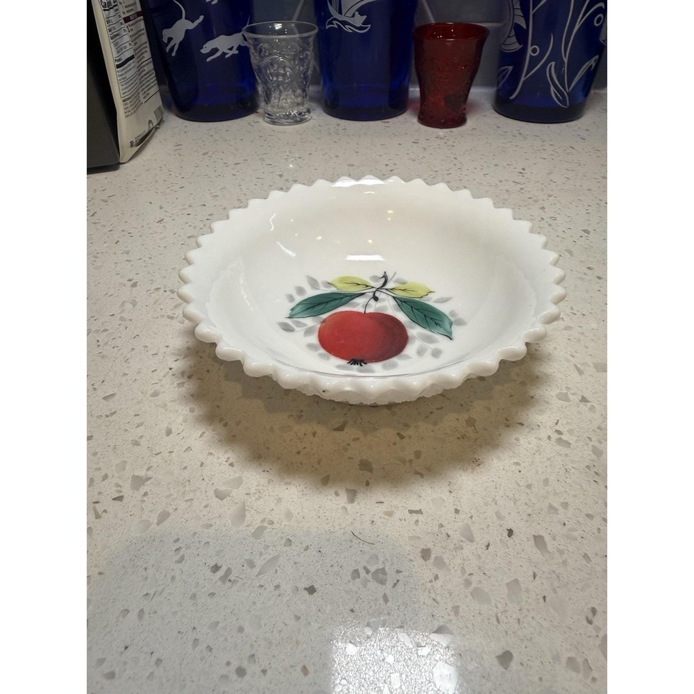 Westmoreland English Hobnail 5 1/4" Hand Painted Apple Bowl Mid Cent Milk Glass